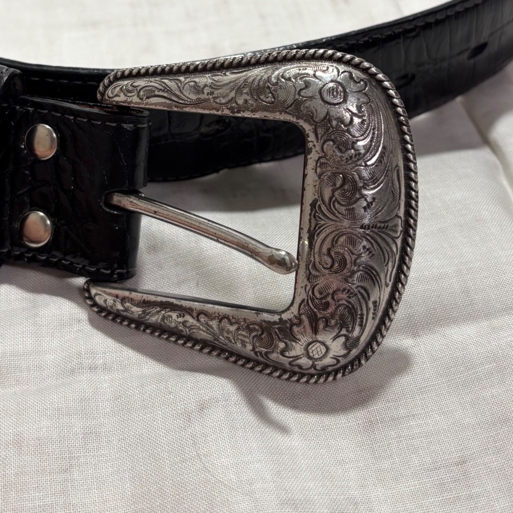 Nocona Belt Western Mens 36 Black Crocodile Embossed Leather Engraved Buckle